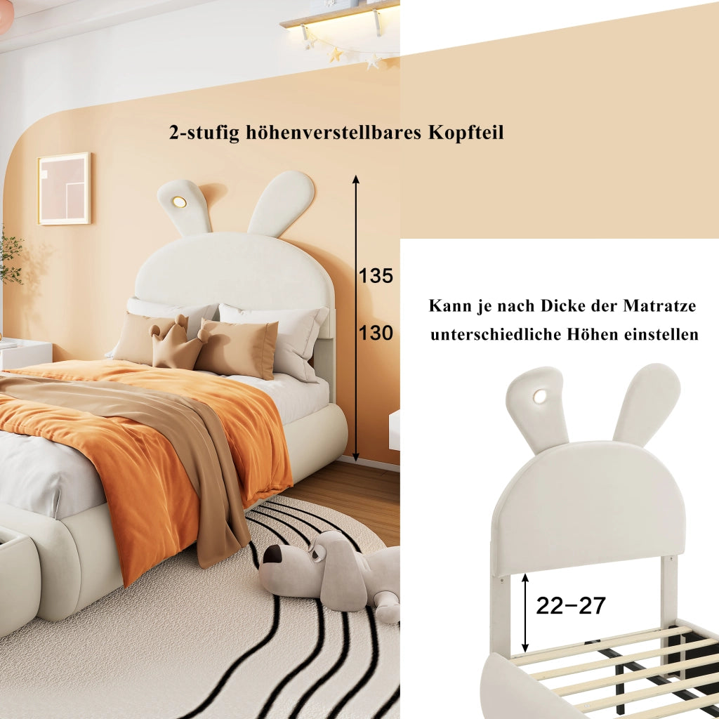 DESMIU Letto per bambini 1 posto con LED regolabile e 2 pouf contenitore, 90 × 200 cm, senza materasso, beige