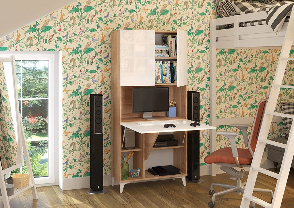 MOBILE SCRIVANIA COMPUTER LIBRERIA MEGAN H175x80x36cm BIANCO LUCIDO ROVERE