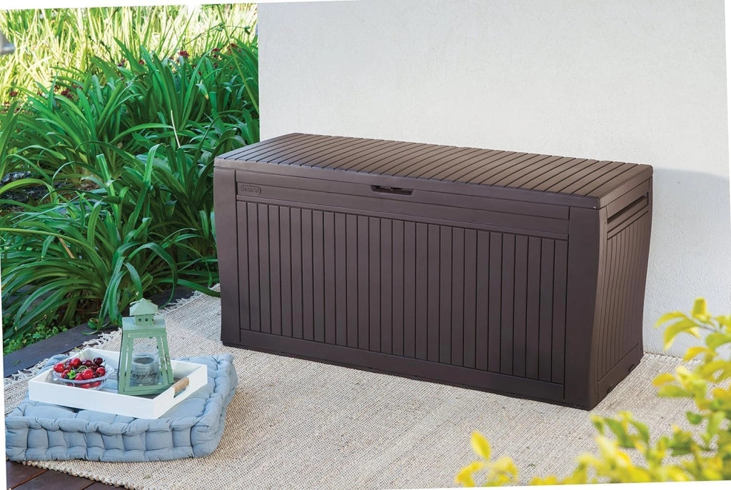 Cassapanca da Esterno Comfy 270 Litri in Resina Effetto Legno con Ruote e Seduta Portata 220 kg Colore Marrone Keter