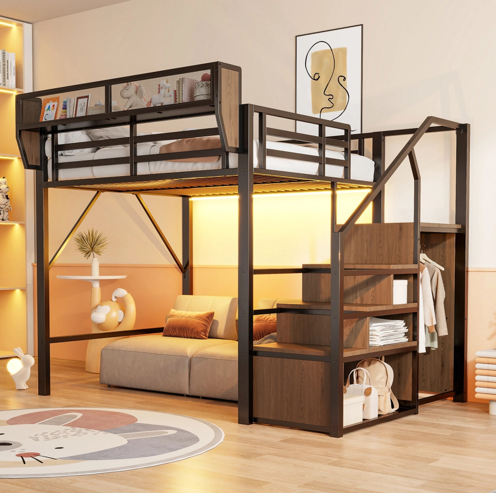 Letto a soppalco 140x200 in metallo con LED e scala