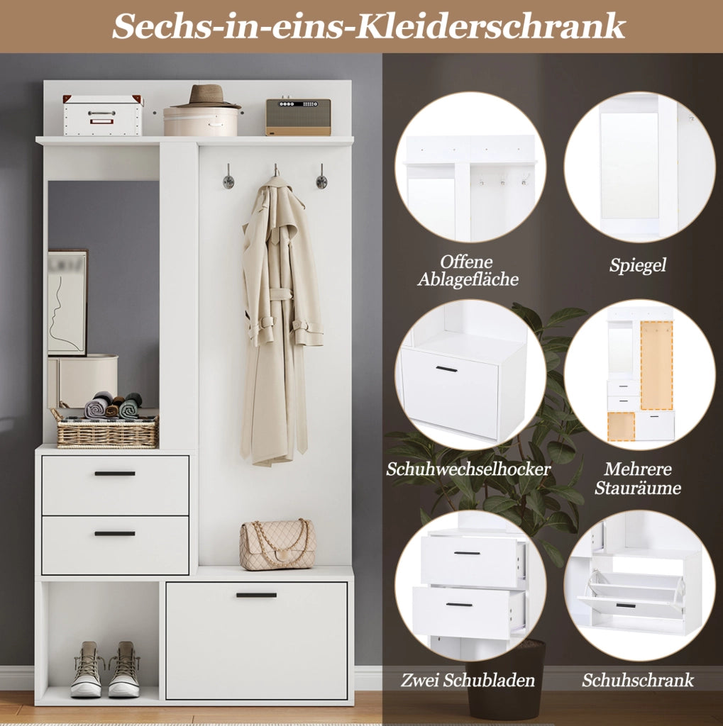 Mobile guardaroba con specchio, scarpiera e cassetti 90x30x180 cm bianco