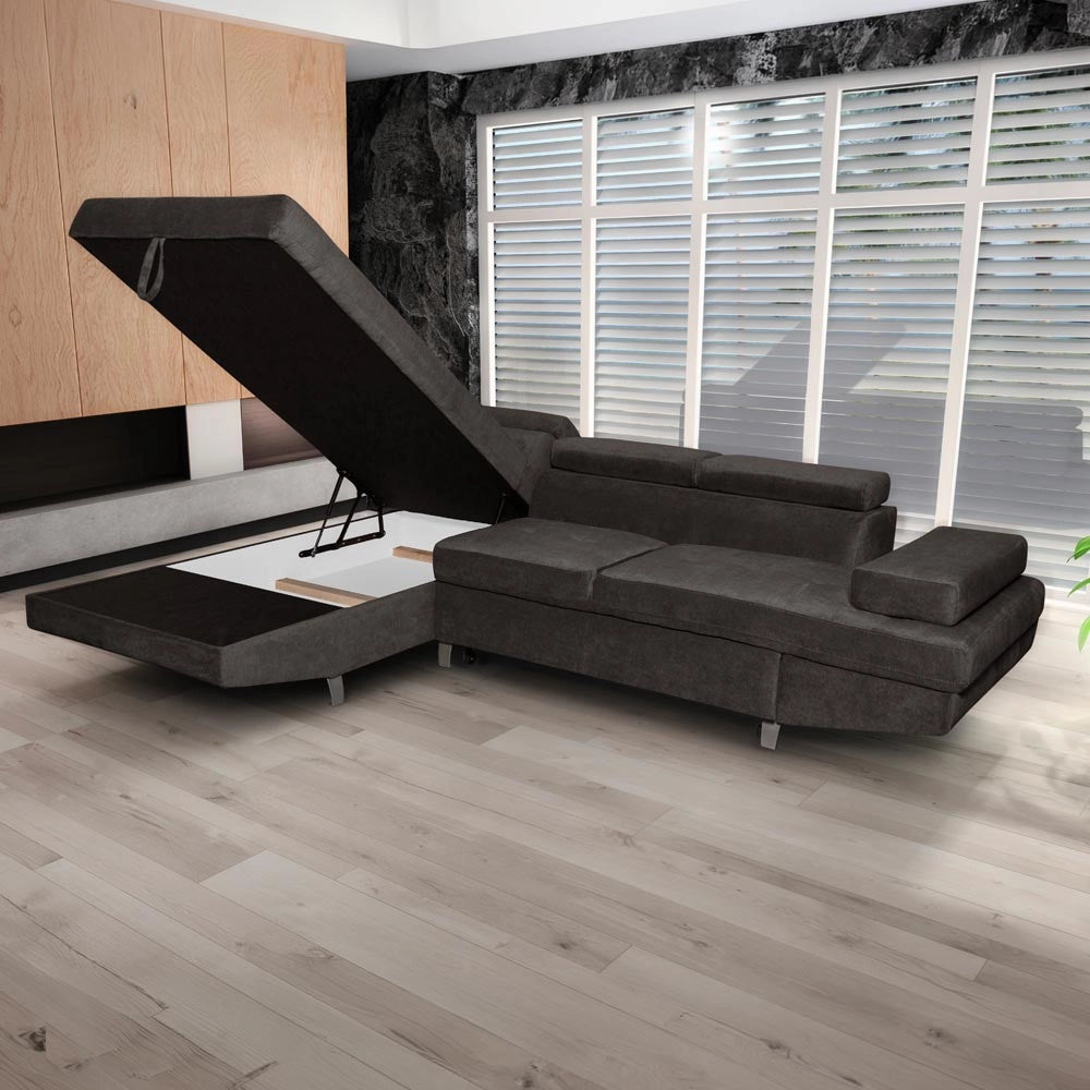 Divano letto angolare Rio con penisola contenitore sinistra in tessuto grigio scuro 272 cm