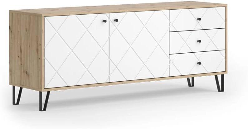 Mobile tv Nizza, Rovere artigianale, 150.2 x 60.2 cm con 3 cassetti e 2 ante, da utilizzare come superficie d'appoggio accanto al letto