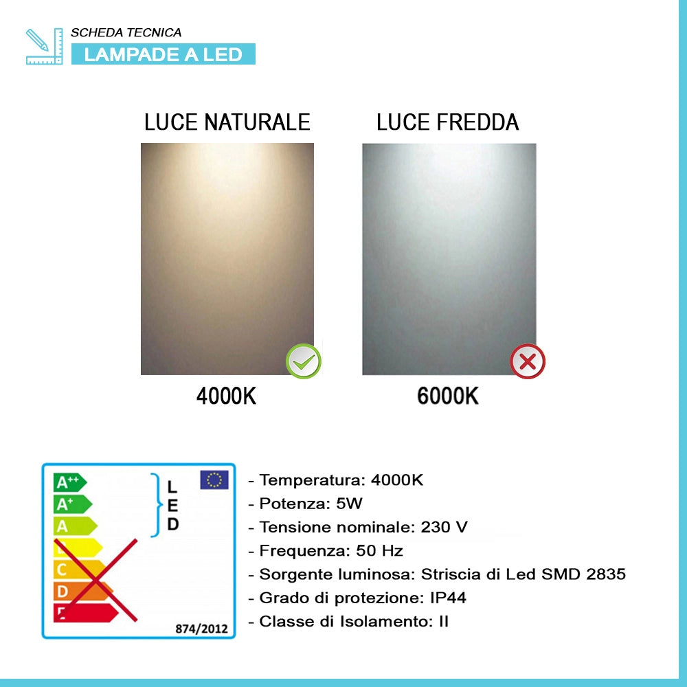 Specchio bagno 60x80 a filo reversibile con lampada naturale 30 cm