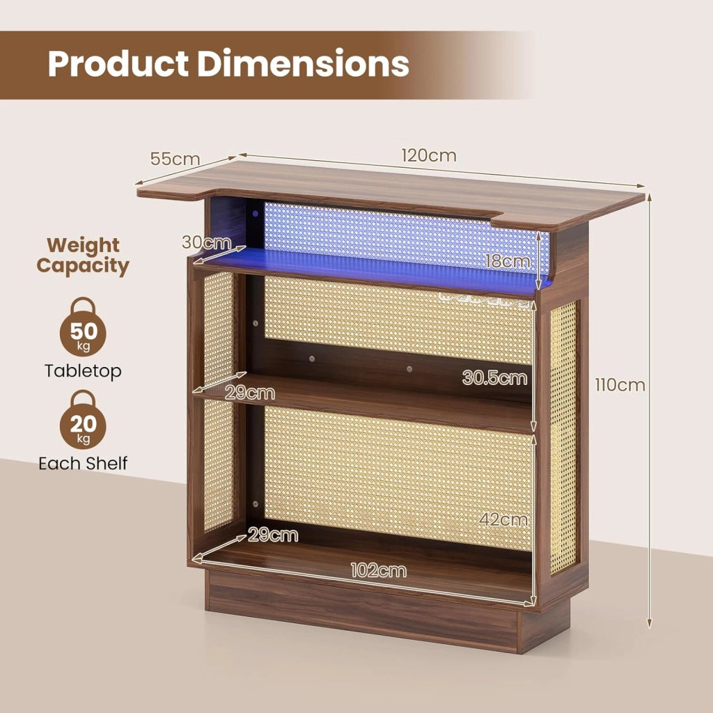 Tavolo da bar con deposito, tavolo alto da cucina con illuminazione a LED e superficie in rattan, bancone da cucina con 3 ripiani e portabicchieri, protezione antiribaltamento, 120x55x110 cm