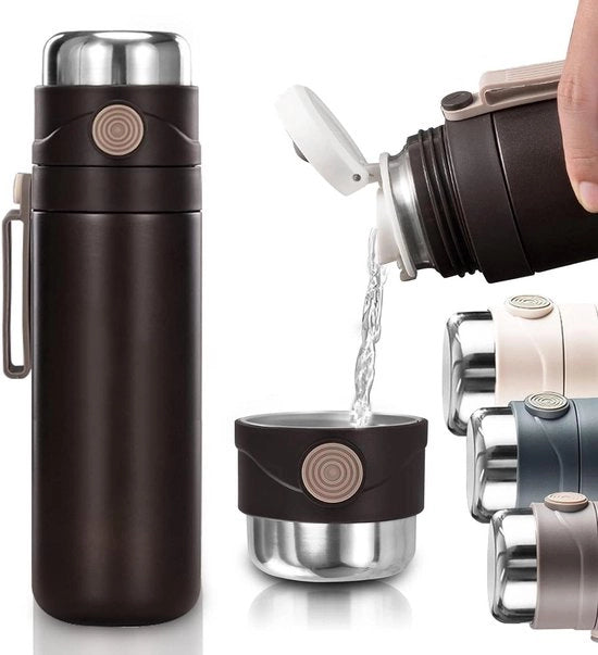 Fiaschetta in acciaio inossidabile con tazza e filtro 500 ml - impermeabile, tazza termica per caffè da portare via - mantiene caldo e freddo per 12 ore - per lavoro, scuola, sport e viaggi - nero