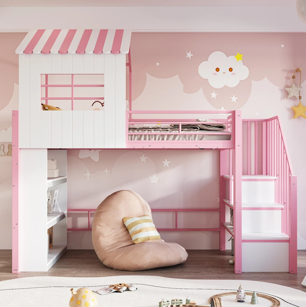 Letto a soppalco 90x200 cm rosa con scala contenitore
