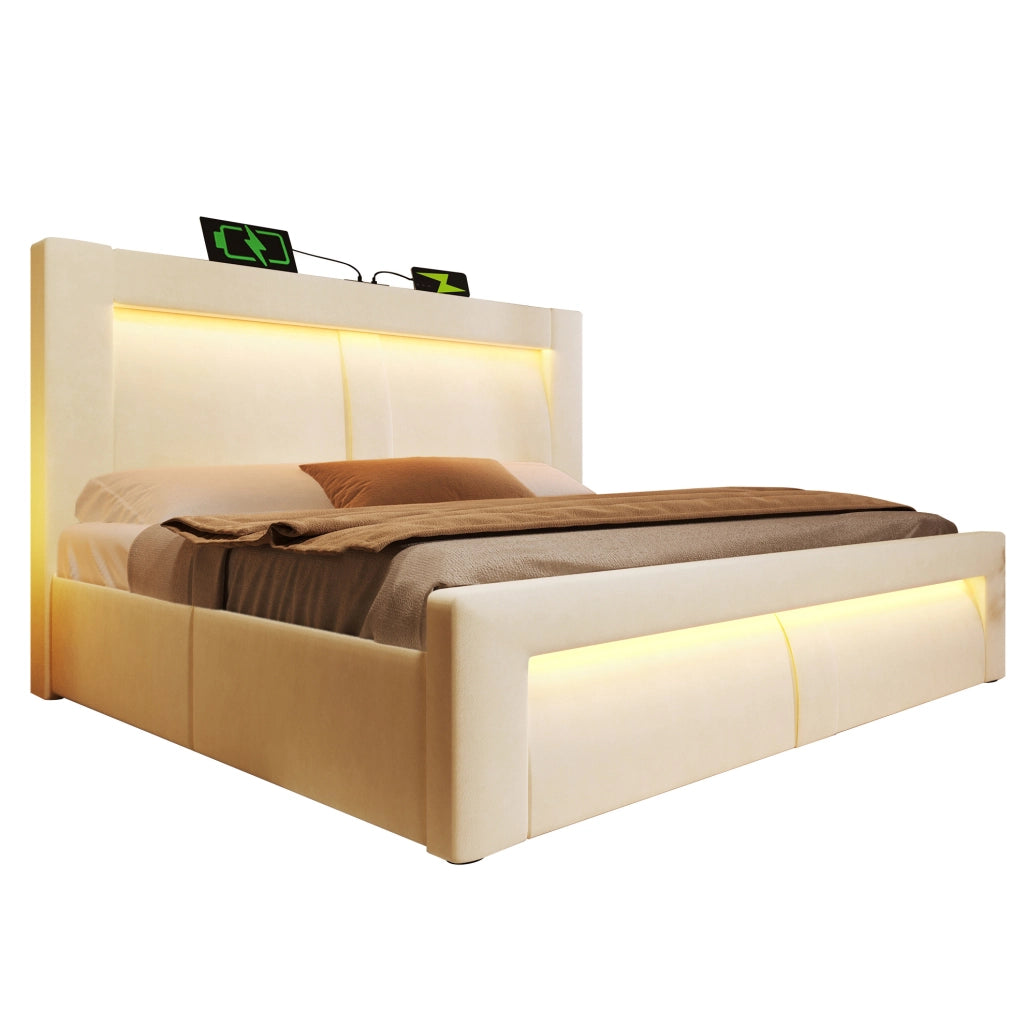Letto contenitore 140x200 cm LED USB Type-C in velluto beige