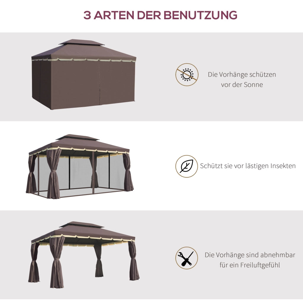 Pavillon da giardino in alluminio e policarbonato con tende e zanzariera coffee 195 × 390 × 290 cm