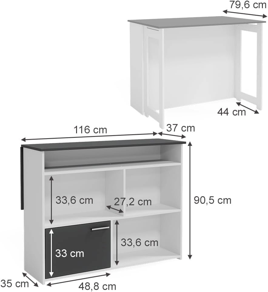 Tavolo bar alto Dominic, Antracite/bianco, 116 x 37 cm 4x scomparti aperti e 1x porta, piano del tavolo pieghevole per un utilizzo flessibile in spazi ridotti