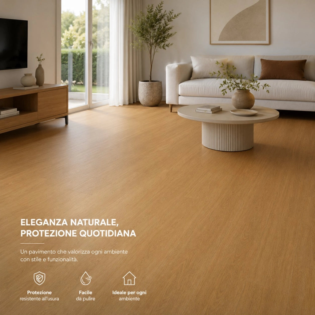 2 x 15 m (30 m²) Pavimento Vinilico a Rotolo Effetto Legno Miele Intenso – Spessore 2 mm con Feltro Fonoassorbente
