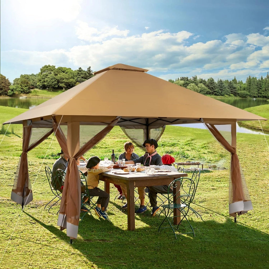 Gazebo da Giardino, 4 x 4 m, Regolabile in Altezza, Pieghevole, Terrazza, Spiaggia con Corsa per il Trasporto con Ruote, Marrone