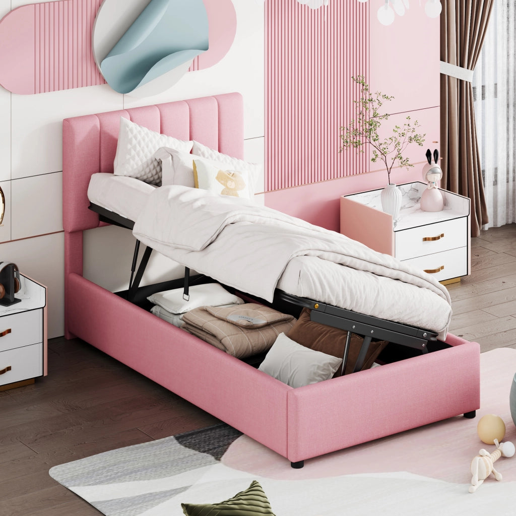 Letto Contenitore Letto Singolo con Testiera Regolabile; 90 x 200 cm; senza Materasso; Imbottito Rosa