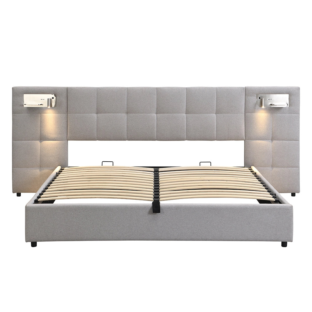 Lit imbottito 180x200 cm - Xylo - Grigio Lino Con USB, ricarica wireless, lampada e spazio di archiviazione
