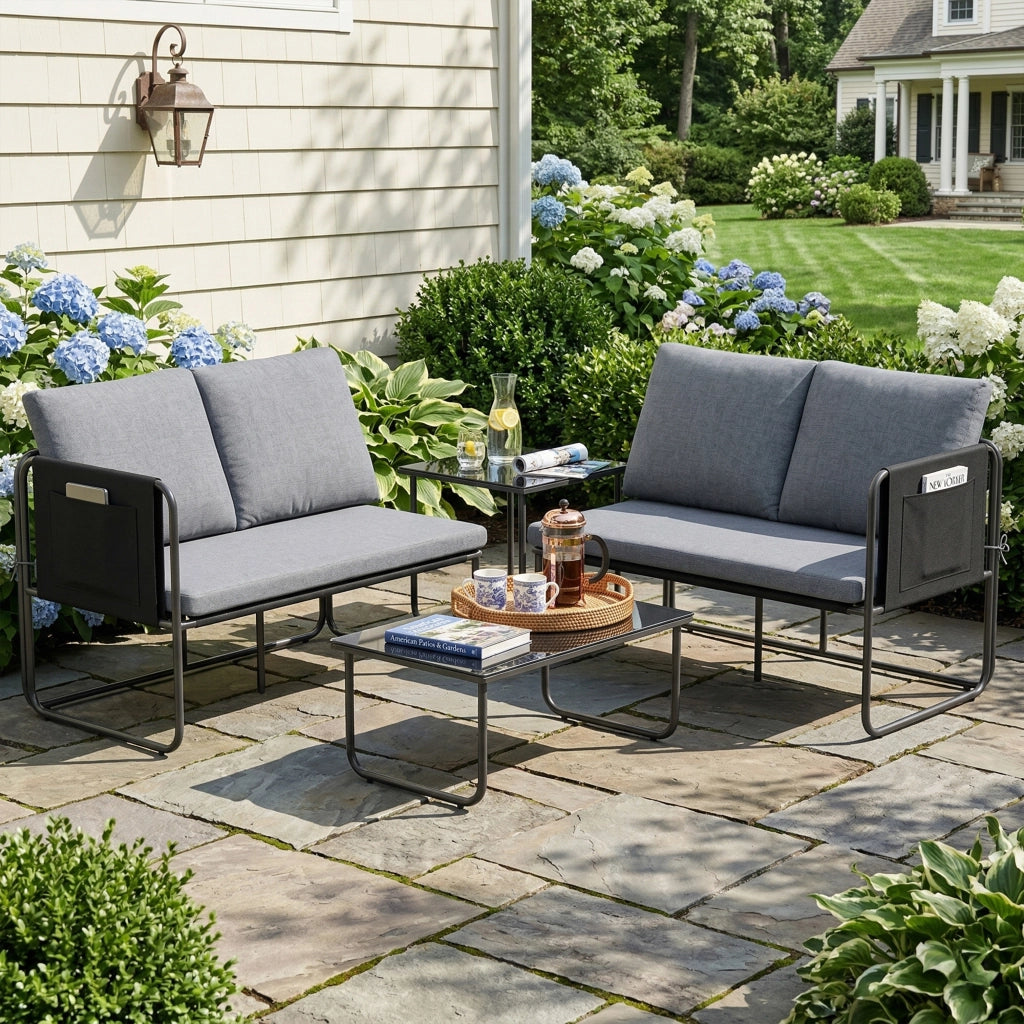 Set Giardino 4 Pezzi con Divani 2 Posti e Tavoli Vetro ¨C Zephmum ¨C Grigio