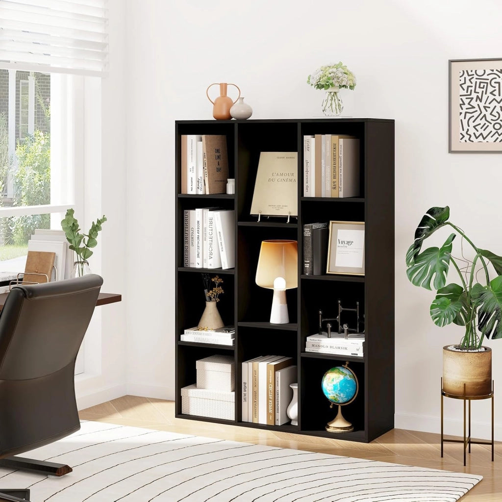 Libreria a 11 Cubi, Scaffale Moderno Geometrico con Kit Anti-Ribaltamento, Organizzatore di Libri Multifunzionale per Soggiorno Camera da Letto Studio, 74 x 24 x 106 cm (Nero)