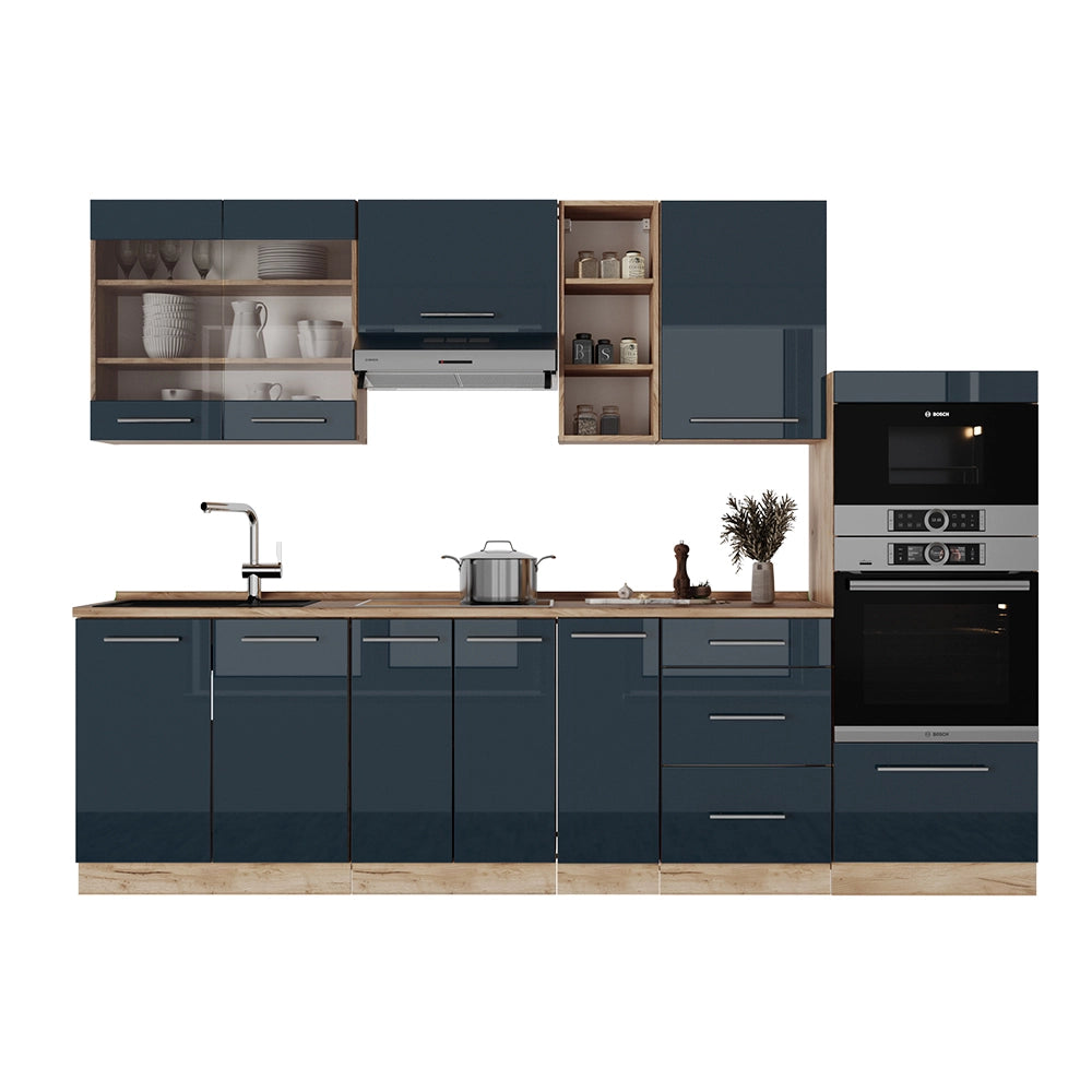 Cucina componibile Fame-Line Blu scuro lucido/Rovere dorato 280 cm, PL Antracite Vicco