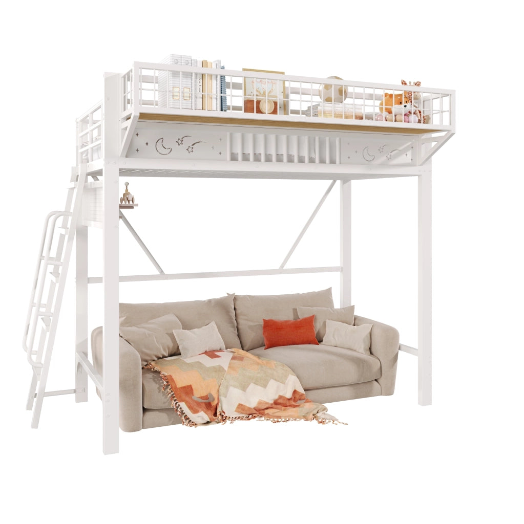 Letto a soppalco 90x200 cm in metallo bianco con vani contenitore e scala reversibile