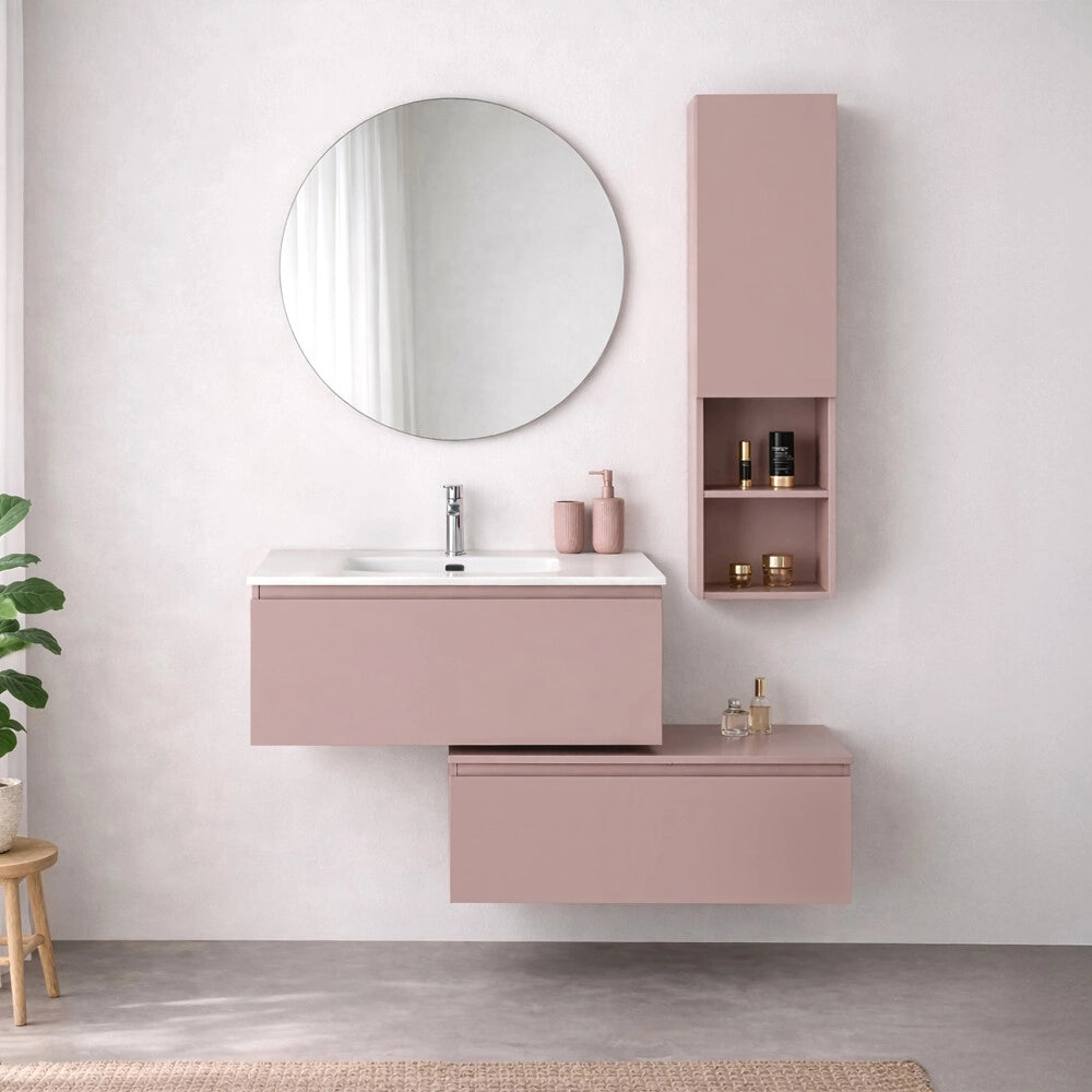Mobile bagno sospeso 90 cm rosa con lavabo integrato e cassetto Nuvola