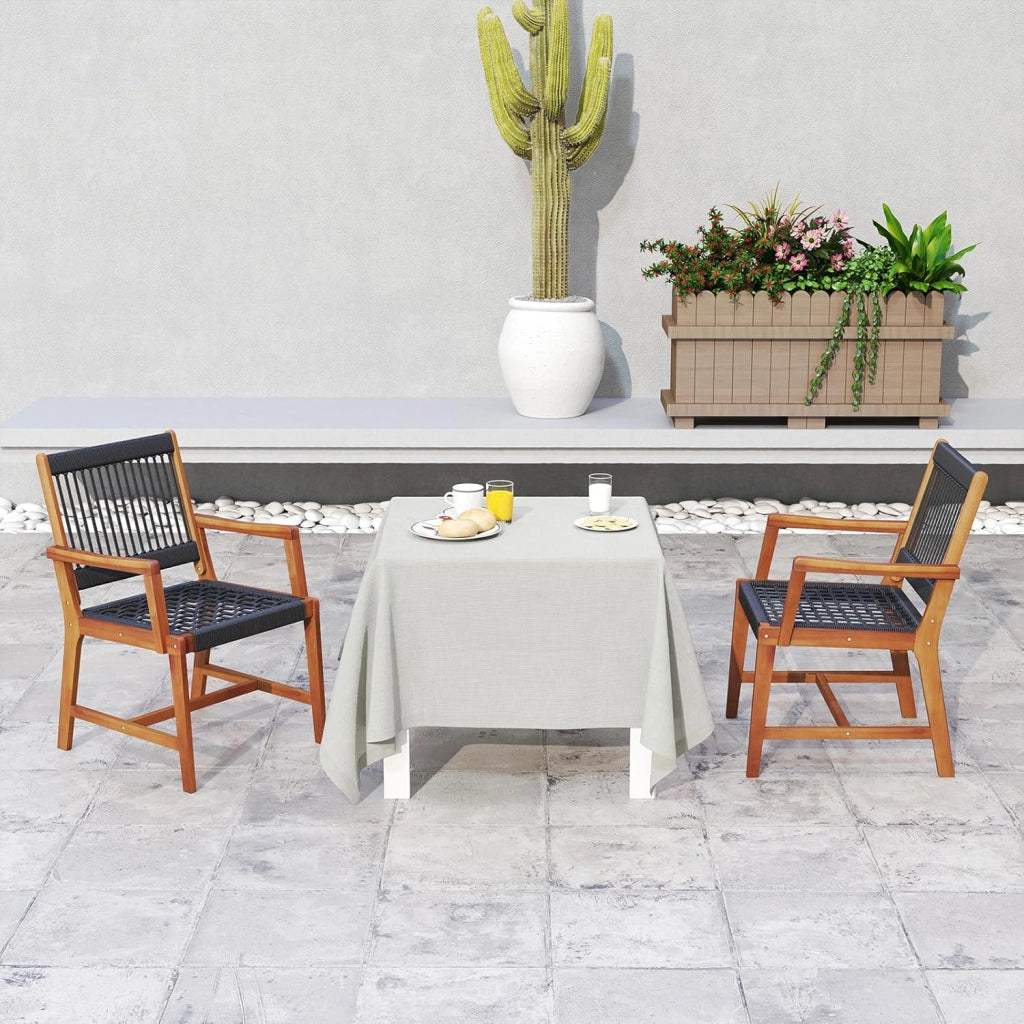 Set di 2 Sedie da Pranzo in Legno di Acacia per Esterno, Sedie da Giardino Intrecciate con Braccioli, Sedia in Legno di Acacia con Tessitura di Corda di Plastica, Capacità di Carico di 160 kg