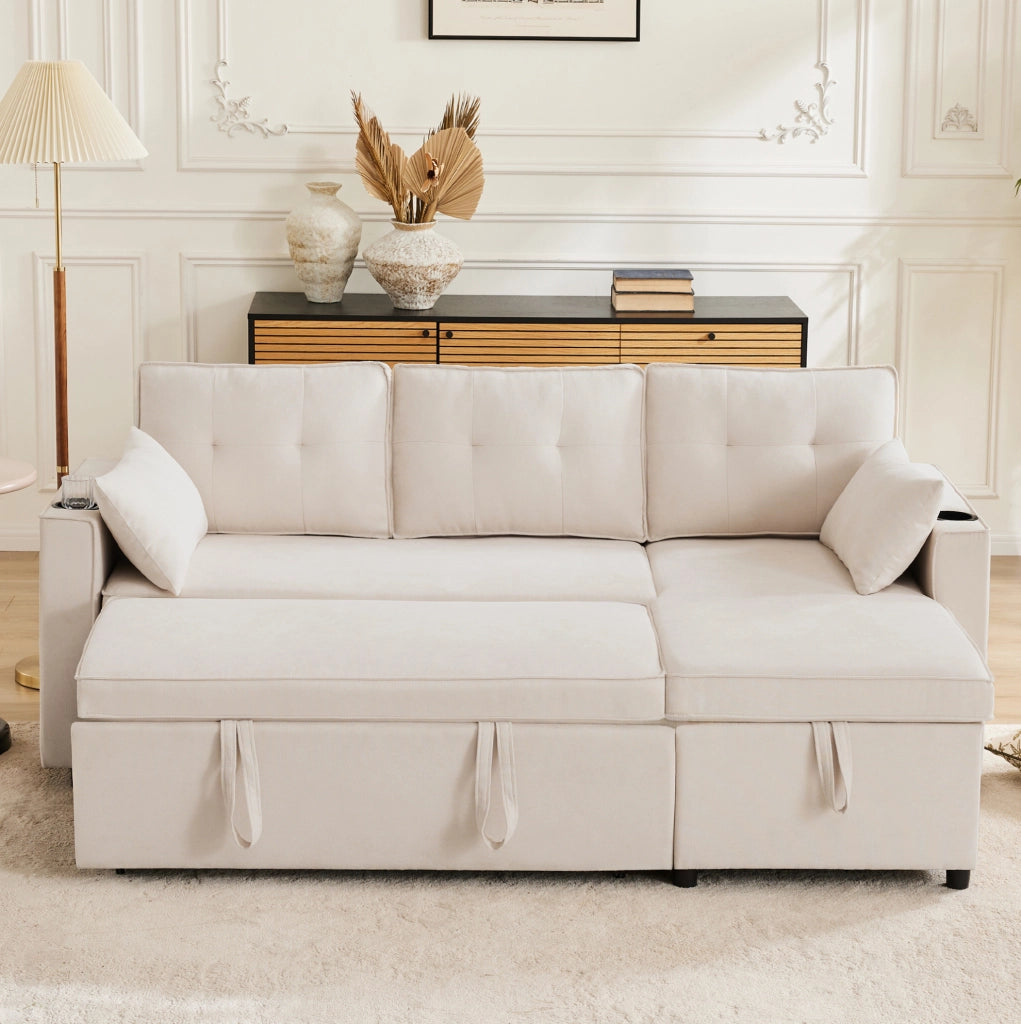 Divano letto reversibile con contenitore e portabicchieri in cotone e lino beige
