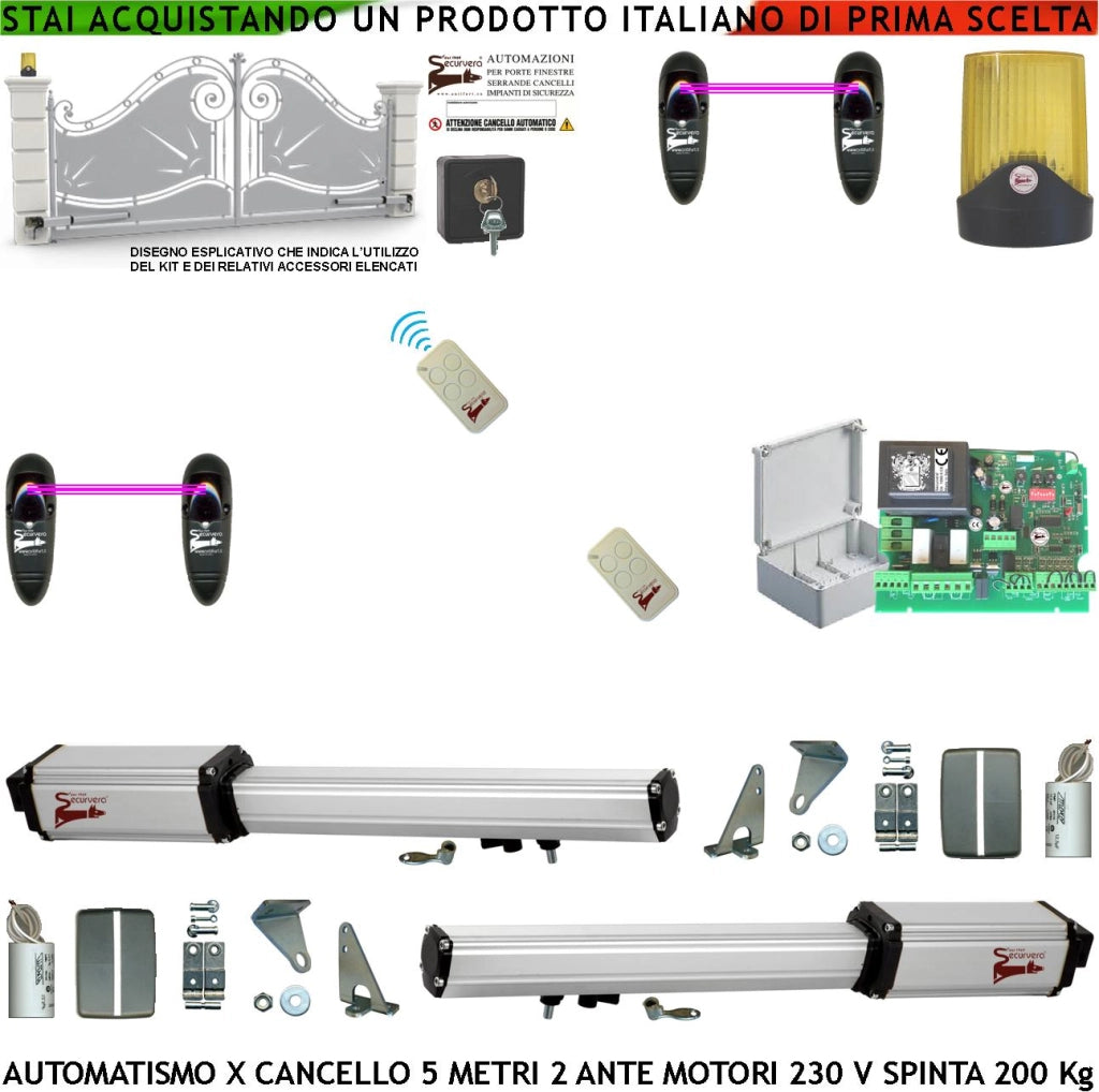 Cancello Elettrico Battente 5 Metri 2 Ante da 2,5 MT Kit Automatismo 2 Motori Elettromeccanici 230 V Corsa 400 mm Spinta 2 Q.li Sblocco Centrale Con 2 Radiocomandi Faro 2 Fotocellule Cartello Monitore