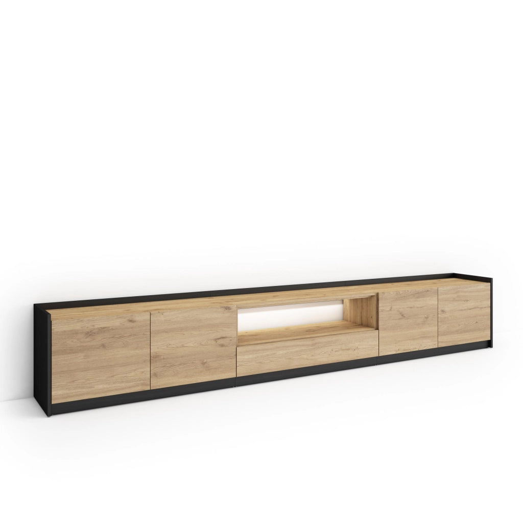 Mobile TV Soggiorno, 310x50x37 cm, Per TV fino a 80", LED, Rovere e nero