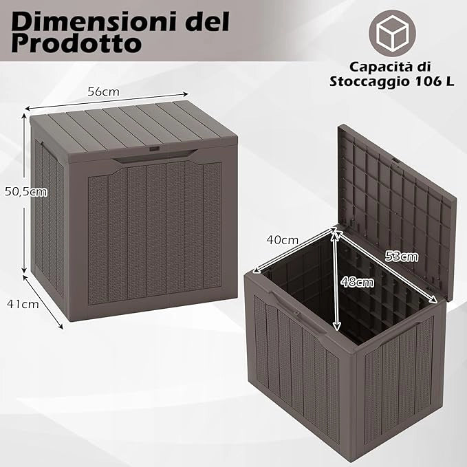 Baule da Esterno 96 L, Cassapanca Contenitore con Coperchio Bloccabile e Tessitura in Vimini, per Giardino e Cortile, 56 x 41 x 50,5 cm (Marrone)