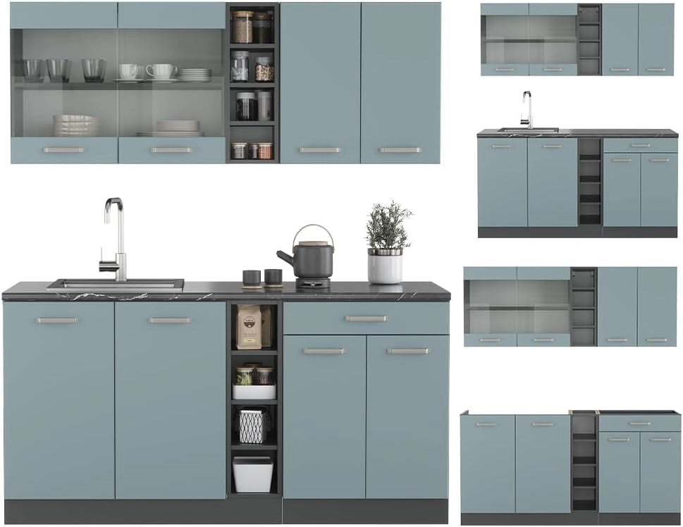 Cucina completa R-Line, Blu-grigio/antracite, 160 cm, PL Marmo, adatto per l'espansione individuale con moduli aggiuntivi