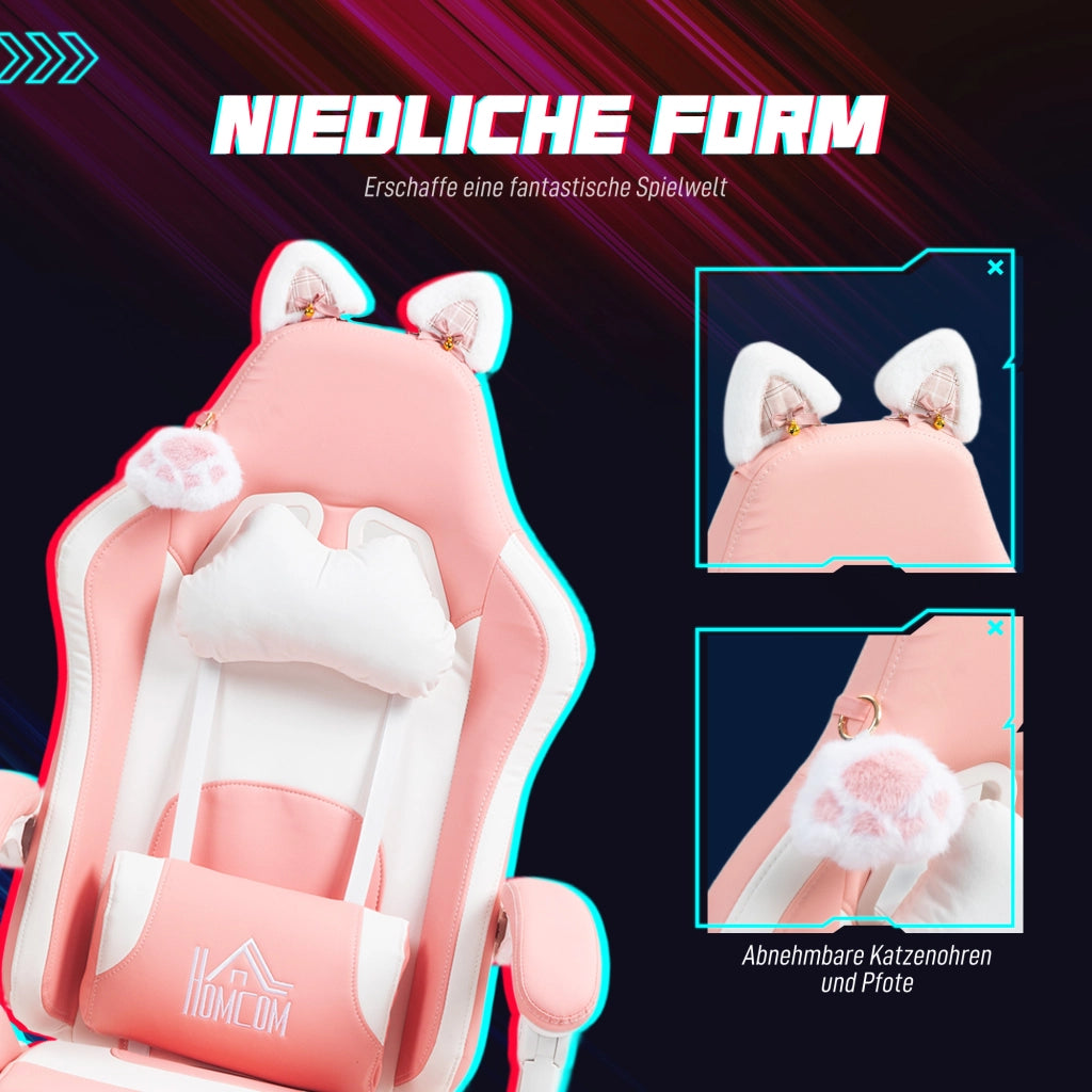 Sedia da ufficio gaming con supporto lombare, poggiapiedi, orecchie e zampe di gatto, in similpelle rosa