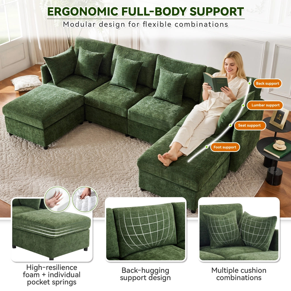 Divano modulare da 4 a 6 posti in chenille verde a U o L con 2 pouf e 6 cuscini 278 × 161 × 81 cm