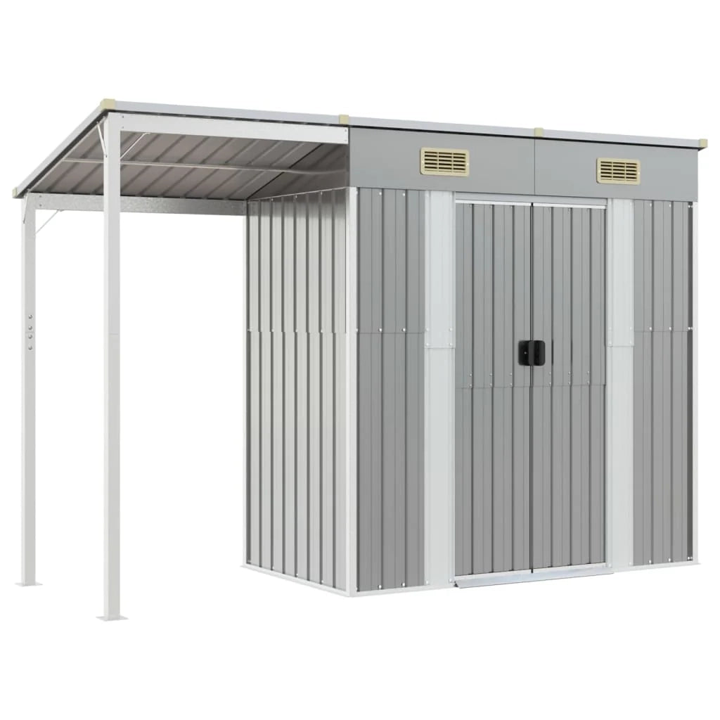 Casetta da giardino cabina ripostiglio casetta da esterno robusta casetta per attrezzi con tetto estensibile trasparente 277 x 110,5 x 181 cm grigio 02_0022218