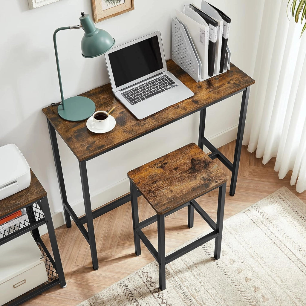Tavolo Alto, Set di Tavolo e Sgabelli da Bar, Tavolo da Colazione con Set di 2 Sgabelli, Struttura in Acciaio Industriale, Marrone Vintage e Nero Inchiostro