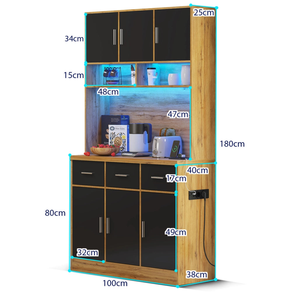 Credenza 100x40x180 cm con LED e controllo APP; prese USB; ripiani regolabili; naturale e nero