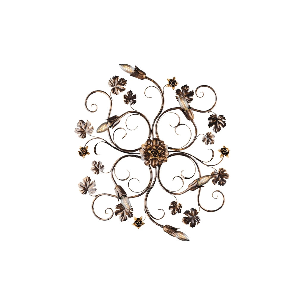 Plafoniera Iris 6 Luci Arte Povera Con Foglie In Ferro Marrone E Oro