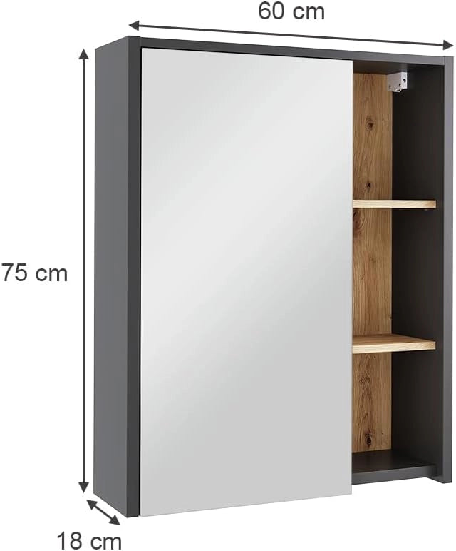 Mobile a specchio per il bagno Viola, Grigio/Artisan, 60 x 75 cm con ripiani aperti