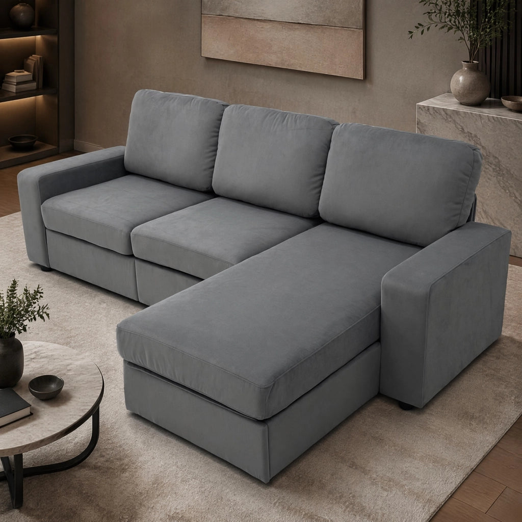 Divano angolare convertibile con contenitore, chaise longue reversibile in tessuto grigio