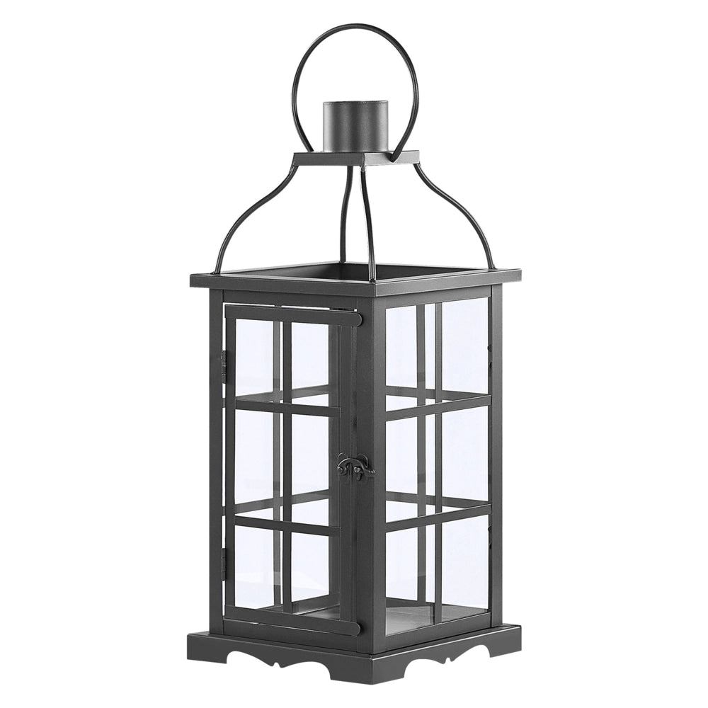 Lanterna in metallo ferro Nero 42 cm portacandele a colonna porte in vetro elemento decorativo per interni