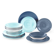 Set 18 Piatti in Porcellana Colorati Servizio Tavola Moderno 6 Persone Piatti Piani Ø27 cm, Fondi Ø20 cm e Dessert Ø19 cm Lavastoviglie e Microonde Certificati per Contatto Alimentare Acqua