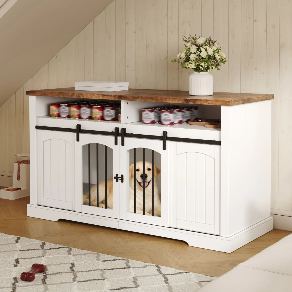 Cuccia Mobile per Cani 153×60×85 cm con Porta Scorrevole; Divisorio Rimovibile e Piano Effetto Legno; Bianco