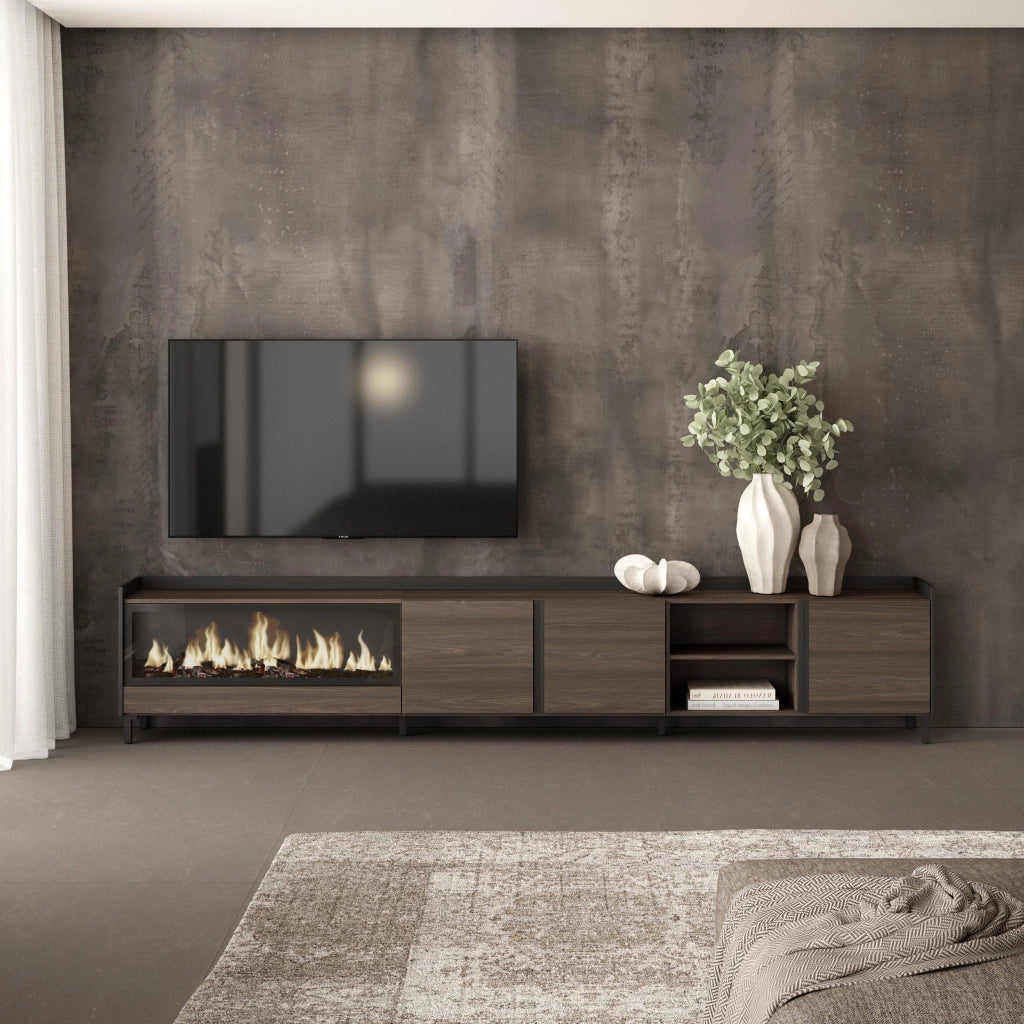 Mobile TV Soggiorno, 315x61x35 cm, Per TV fino a 80", Camino elettrico XXL, Design industriale, Rovere scuro e Nero