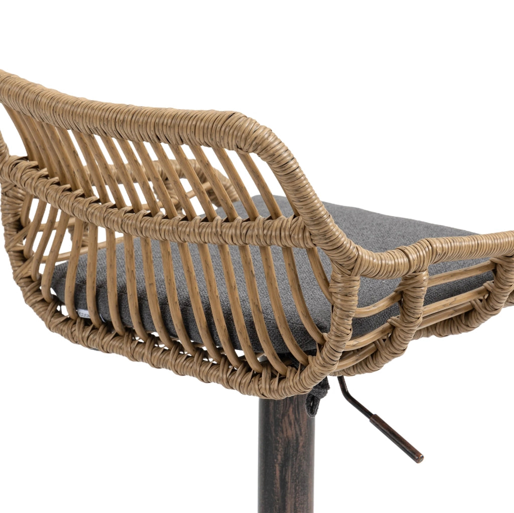 Set di 2 sgabelli da bar girevoli con altezza regolabile; in rattan e lino grigio; 49x48x89-109 cm