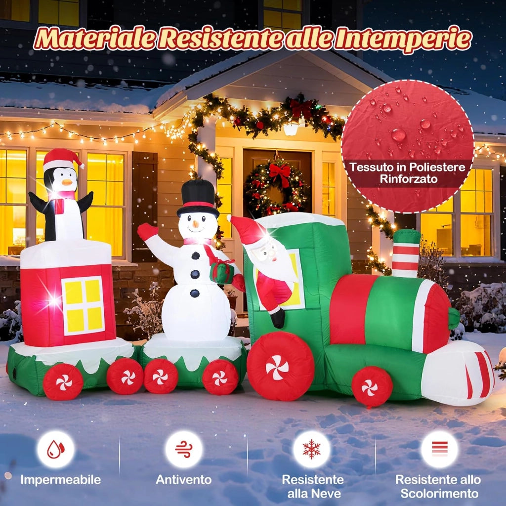 Treno di Natale Gonfiabile 350 cm con Pupazzo di Neve e Luci LED | Decorazione Natalizia da Esterno con Babbo Natale alla Guida, Pinguino e Scatola Regalo per Festa, Giardino e Cortile