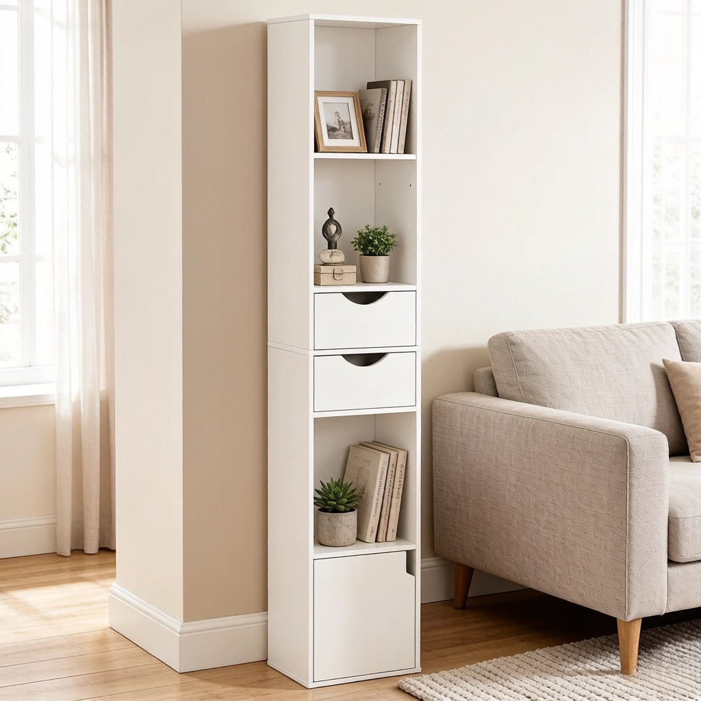 Libreria con 3 vani aperti, 2 cassetti e 1 anta, ripiani regolabili, per soggiorno e ufficio, bianco, 30 × 157,5 × 24 cm