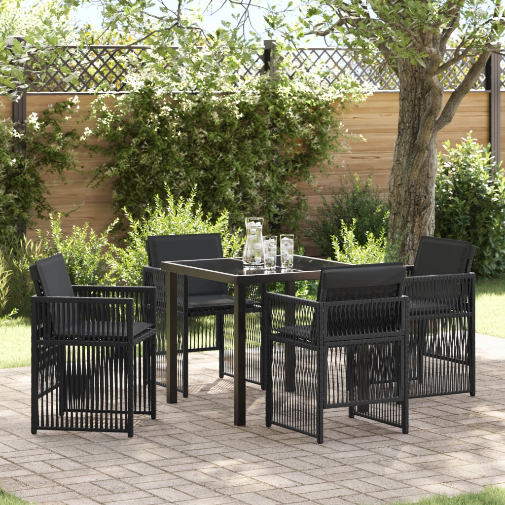Set da Pranzo da Giardino da 5 Pezzi con Cuscini Neri Rattan