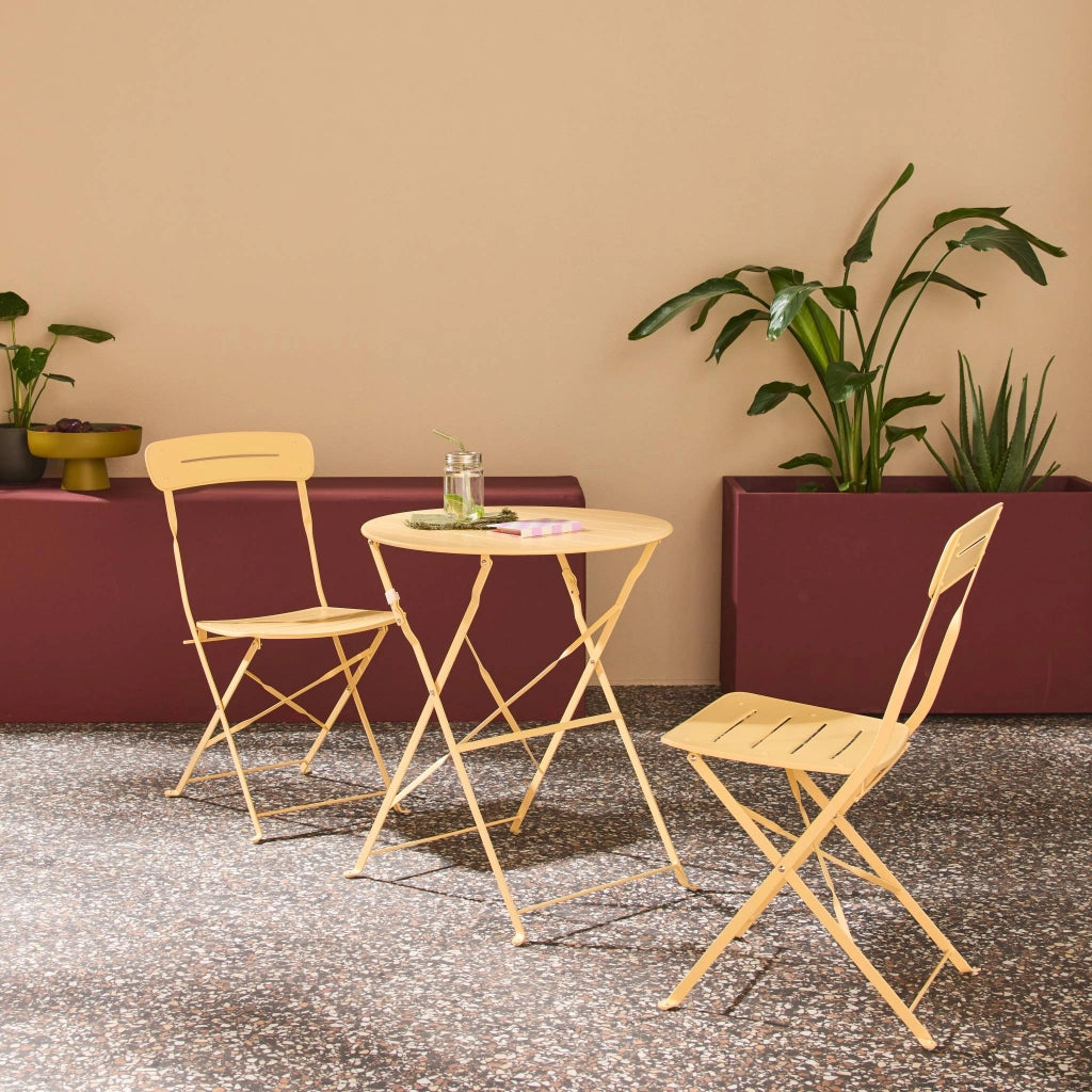 Set tavolo da giardino bistrot pieghevole rotondo in acciaio, 2 sedie,