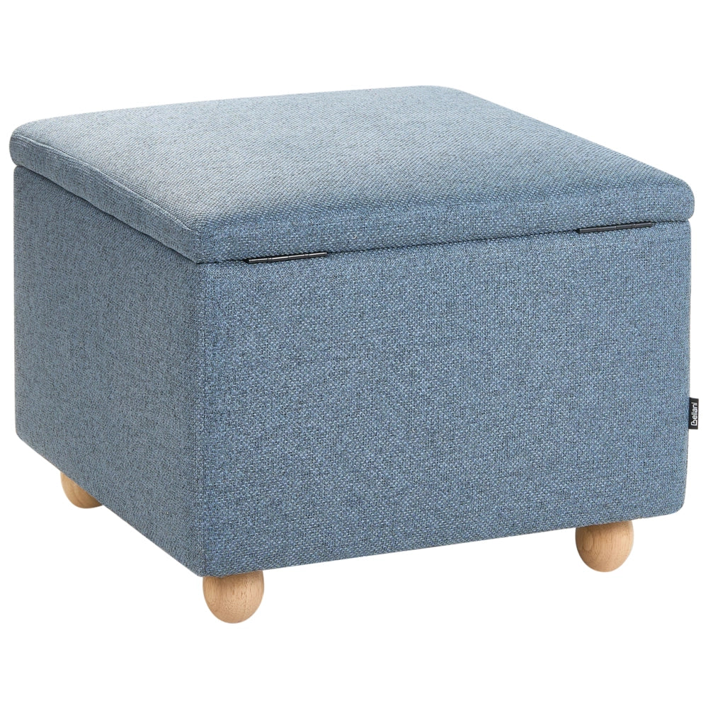 Pouf contenitore in tessuto blu con finitura idrorepellente. Poggiapiedi imbottito con contenitore e seduta per ingresso.