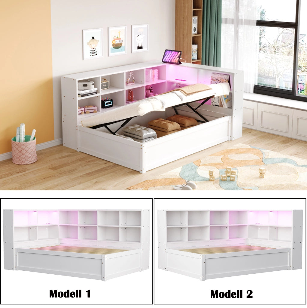 Letto singolo multifunzione 90 x 200 cm con vano contenitore idraulico; LED e prese integrate; bianco
