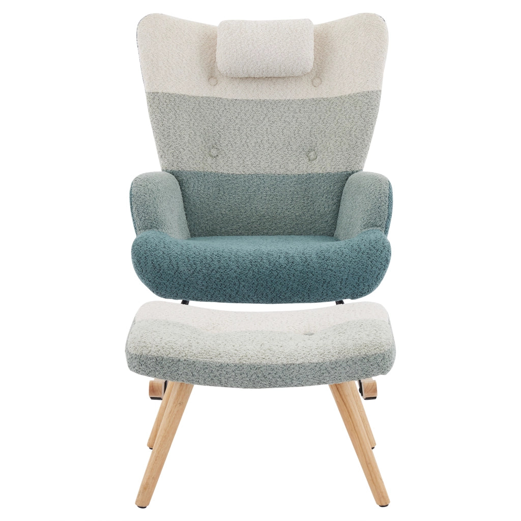 Poltrona Dondolo Boucl¨¦ con Poggiapiedi ¨C MINIMAL ¨C Patchwork, Gambe in Legno