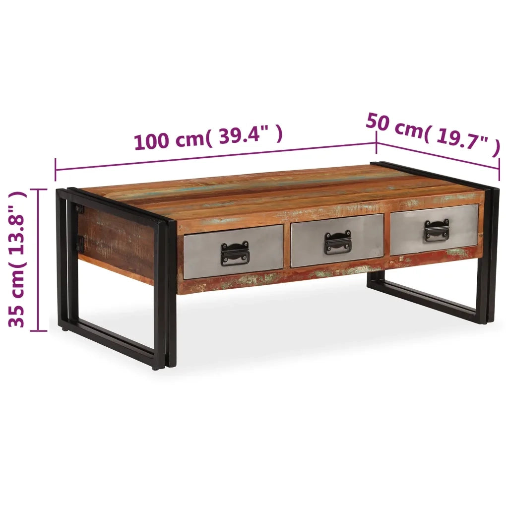 Tavolino con 3 Cassetti in Massello Recuperato 100x50x35cm 244941